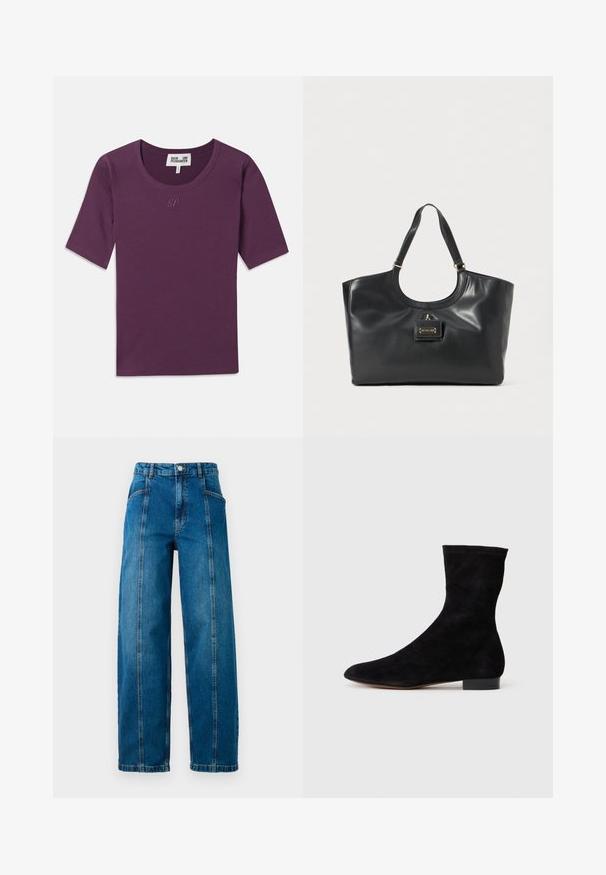 Tricou mov cu nervuri, cu guler rotund, mâneci scurte și un logo subtil „BP” în fir asortat pe piept.; Jeans din denim albastru cu talie înaltă, cu picioare largi, cusături verticale frontale, buzunare laterale, bucle pentru curea și închidere cu nasture.; Cizme scurte din suede negre, cu un știft ajustat, vârful ascuțit și un toc mic, pătrat. Textură netedă și design minimalist, potrivite pentru un stil versatil.; Geanta tote din piele neagră cu un finisaj lucios, parte superioară curbată, două bretele pentru umăr și un accent de hardware de nuanță aurie pe față.