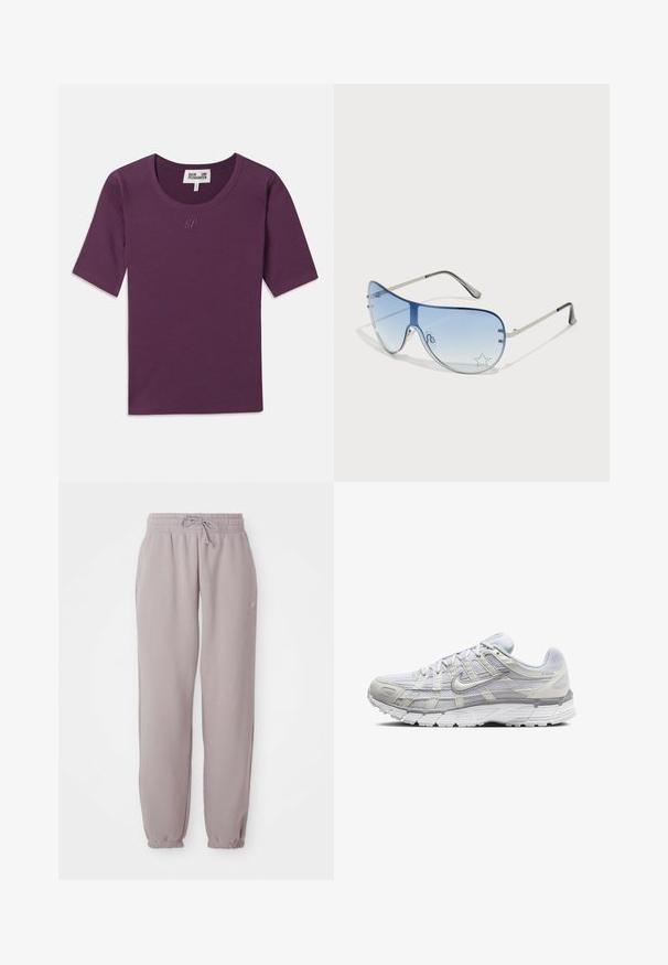 Violeta ribota T-krekls ar apaļu kakla izgriezumu, īsām piedurknēm un smalku „BP” logo, kas izšūts ar saskaņojošu diegu uz krūtīm.; Gai mauvu flīsa bikses ar elastīgu jostasvietu, auklu, sānu kabatām un elastīgiem galiem, attēlotas plakanā stāvoklī uz baltas fona.; Gai pelēki sporta apavi ar sietiņa un sintētisku augšdaļu, ar auklām, mīkstu apkakli un strukturētu zoli saķerei.; Pilotstila saulesbrilles ar gradienta zilām lēcām, sudraba metāla rāmjiem un dekoratīvām zvaigžņu akcentiem uz lēcām. Gluda un eleganta dizaina.