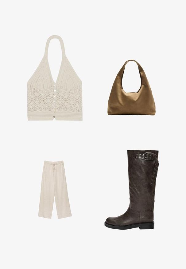 Strikket halterneck-top i creme, med et geometrisk mønster, dyb V-udskæring og fem knapper foran med en tekstureret finish i kanten.; Beige linned bukser med vide ben, der har en snøre i taljen, to sidelommer og et let struktureret stof for åndbarhed og komfort.; Brune læderknæhøje støvler med en struktureret finish, der har en spændedetalje og trykknapaccents på siden, samt en flad gummisål.; Brun stof skuldertaske med en bred, rundet krop og et stort udsnit håndtag. Blød tekstur, minimalistisk design og ingen synlig hardware.
