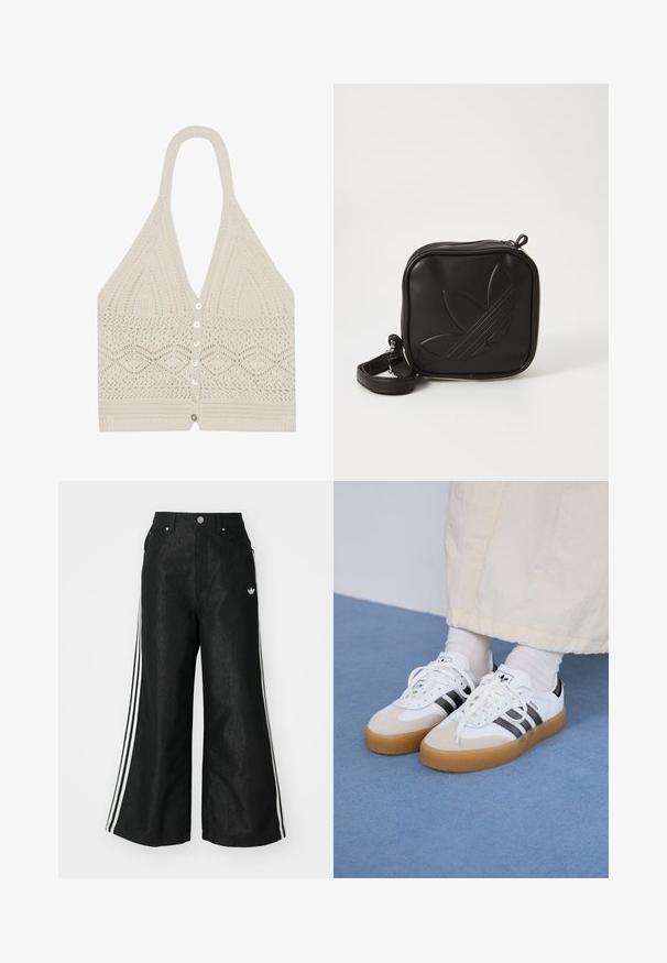 Top halter a maglia color crema, con un motivo geometrico, scollo a V profondo e cinque bottoni frontali con una finitura testurizzata all'orlo.; Pantaloni in denim neri a gamba larga con tre strisce bianche su ciascun lato e un piccolo logo bianco. Presentano tasche frontali e chiusura con bottone.; Sneakers bianche con strisce nere e accenti in suede beige. Presentano una suola in gomma texturizzata e lacci bianchi piatti, indossate con calzini di colore chiaro.; Borsa a tracolla nera realizzata in materiale sintetico testurizzato. Presenta un design con logo inciso e una tracolla regolabile. Chiusura con zip.