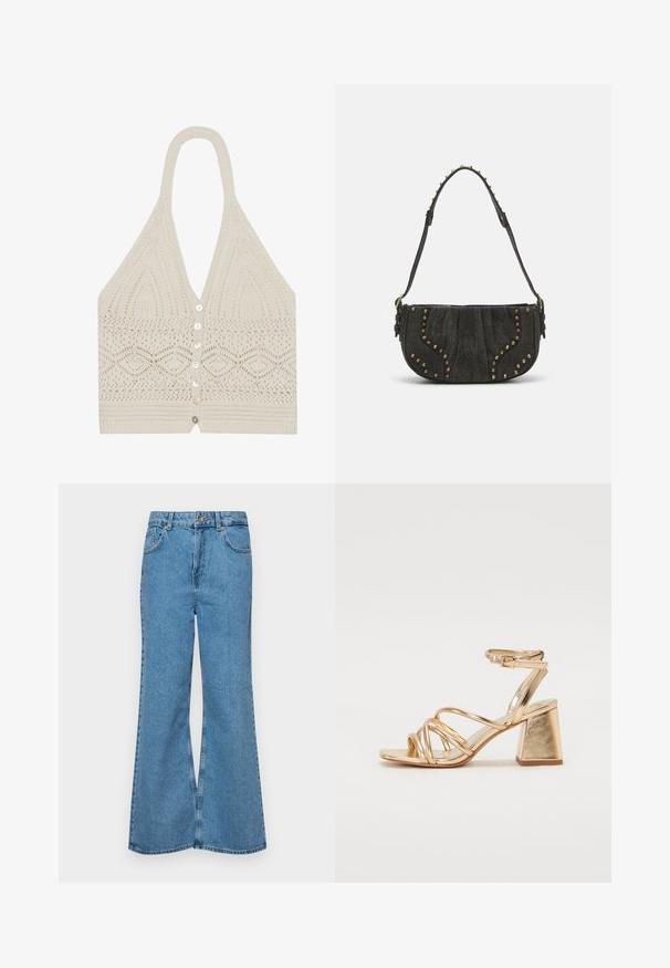 Knit halter top in cream, featuring a geometric pattern, deep V-neck, and five front buttons with a textured finish at the hem.; Light blue flared jeans made of denim, featuring a high waist, five pockets, and a single button closure. Soft texture with faded finish.; Gold metallic heeled sandals featuring a strappy design, square block heel, and adjustable ankle strap with a buckle. Smooth texture.; Black suede handbag with a curved design, featuring rivet accents and a textured surface. Adjustable strap with stud details along the edge.