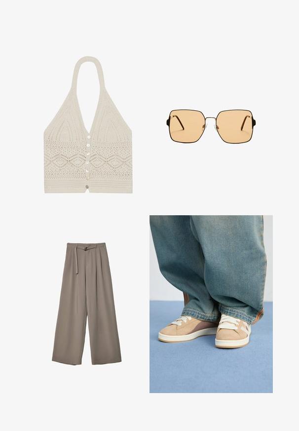 Top halter a maglia color crema, con un motivo geometrico, scollo a V profondo e cinque bottoni frontali con una finitura testurizzata all'orlo.; Pantaloni a gamba larga in un morbido tessuto grigio tenue, con vita con cintura e pieghe per un tocco di design aggiuntivo. Texture liscia, senza motivi.; Sneaker beige con materiali in suede e tessuto, dotate di lacci bianchi, dettagli marrone chiaro e suola testurizzata. Indossate con pantaloni in denim blu larghi.; Occhiali da sole quadrati con lenti marroni e una sottile montatura in metallo nero. Presentano tempie angolari e naselli regolabili per il massimo comfort.