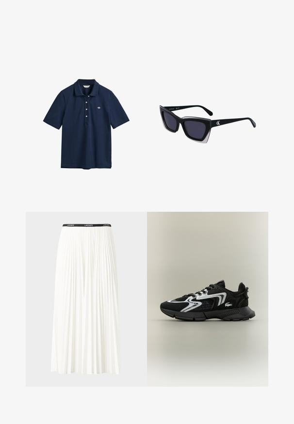Polo shirt blu navy realizzato in cotone, con colletto classico, placca con tre bottoni e piccolo logo ricamato sul petto.; Gonna bianca plissettata con elastico nero in vita che presenta il logo "LACOSTE". Design di lunghezza media con texture morbida.; Scarpe sportive nere con pannelli in rete, dettagli in argento e sovrapposizioni nere texturizzate. Dotate di lacci e di una suola curvata e resistente.; Occhiali da sole oversize neri dalla forma geometrica, con lenti scure e un dettaglio grigio a contrasto sulla montatura. Logo sul braccio.