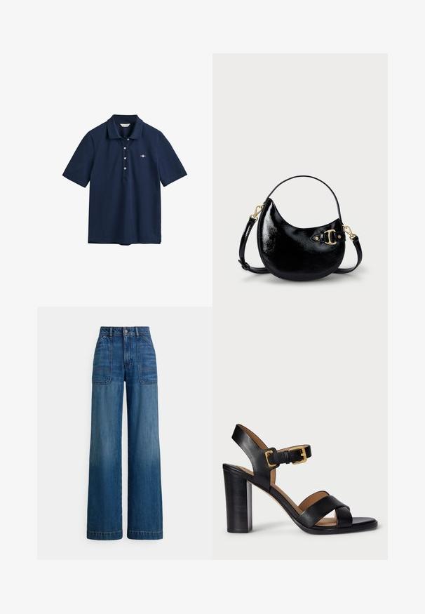 Tamno plava polo majica napravljena od pamuka, s klasičnim kragnom, placketom sa tri dugmeta i malim logotipom izvezenim na prsima.; Traperice širokih nogavica s visokim strukom u srednje plavoj boji trapera. Imaju prednje džepove s flasterima i istaknute šavove. Glatka, mekana tekstura.; Crne kožne sandale s potpeticom s dizajnom s križanjem trakama i kopčanjem. Imaju debelu potpeticu i glatku teksturu.; Crna torbica od lakirane kože s zakrivljenim oblikom, podesivim remenom i detaljem od zlatnog metala sa strane. Glatka, sjajna tekstura.