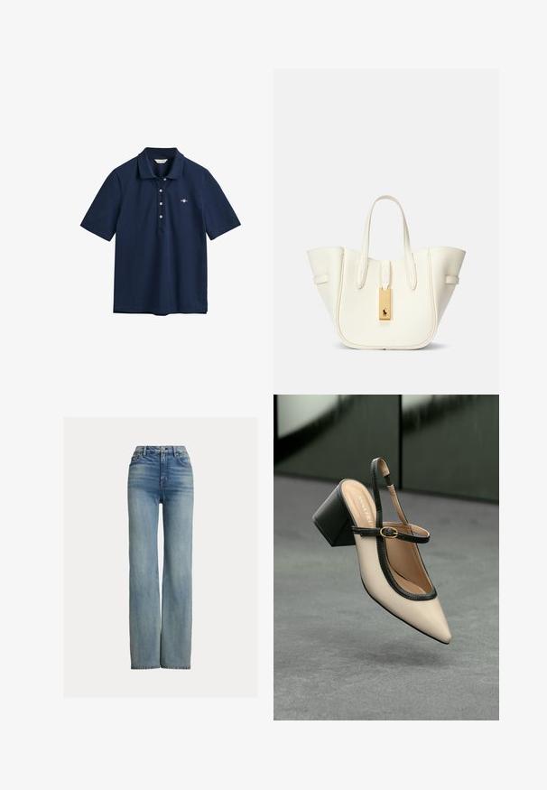 Navy blue polo shirt made of cotton, featuring a classic collar, three-button placket, and small logo embroidered on the chest.; High-waisted, straight-leg blue jeans with front pockets, belt loops, and button closure, featuring subtle faded detailing.; Beige pointed-toe slingback shoe with black trim, gold buckle, and a chunky block heel on gray floor with dark green background.; White leather tote bag with a structured shape, prominent stitching, gold hardware tag, and dual handles. Textured surface with side pockets.