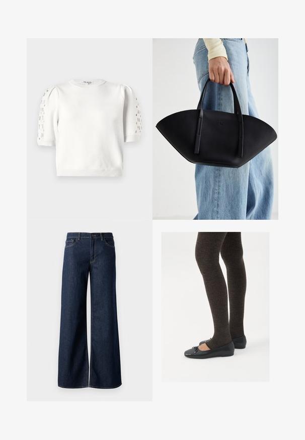 Valge lühikeste varrukatega kudum, millel on ümmargune kaelus, silmadega detailid õlgadel ja soonikserv. Sile tekstuur.; Laiad teksad tumesinises denimis. Omab kontrastõmblusi, viit taskut ja nupukinnitust vööl. Sile tekstuur.; Mustad mustad kingad väikese teksaga varvaste juures, koos tumedate pruunide ribakangastega. Kingadel on sile tekstuur ja madal profiil.; Must mustra kott, millel on unikaalne fännikujuline disain, millel on lapikud käepidemed. Pinna tekstuur on kivikujuline ja disain on minimalistlik.