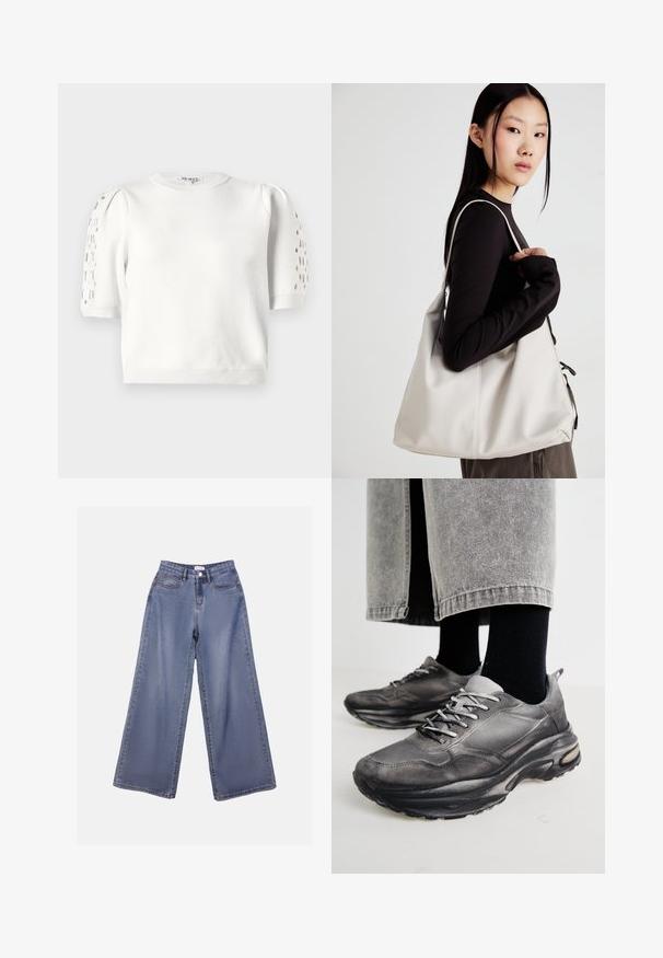 Bijela skraćena pletena dukserica s okruglim izrezom, kratkim rukavima koji imaju detalje od čipke na ramenima i rebrastim rubom. Glatka tekstura.; Široke traperice u svijetloplavom izbljeđenom tonu, s visokim strukom, prednjim džepovima i zakovicom s petljama za remen.; Crne i sivo sportske cipele imaju mrežastu gornjište, debele potplate i vezice. Imaju zaobljen vrh i vidljive detalje s jastučićima.; Bežna torba od mekog materijala s opuštenim dizajnom, šivanim detaljima i dva remena za rame. Pogodna za svakodnevnu upotrebu.