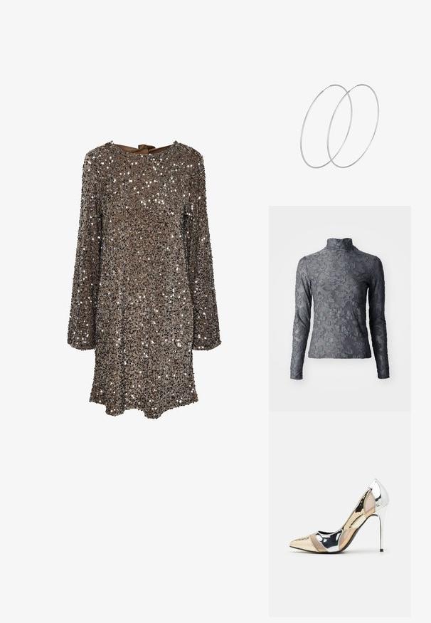 Grauer transparenter Rollkragenoberteil mit langen Ärmeln, das ein florales Strukturmuster aufweist, und mit einem hohen Kragen sowie glattem Stoff abgeschlossen ist.; Langärmliges Kleid aus braunem Stoff, der mit silbernen Pailletten besetzt ist, mit einem runden Ausschnitt und einer Schleifenapplikation am Rücken. Reflektierende und strukturierte Oberfläche.; Spitz zulaufender High-Heel-Schuh in einer Farbgestaltung aus Silber, Gold und Nude. Glänzende Oberfläche mit Ausschnittdesign und stiletto Absatz.; Silberne metallic Pouch-Tasche mit einer sanften, abgerundeten Form und einem geknoteten Verschluss oben. Hergestellt aus glattem Kunstleder.; Silberne Creolen mit minimalistischem Design. Rundform, glatte Oberfläche und dünnes Profil. Leichtgewichtig mit hochglänzender Oberfläche.