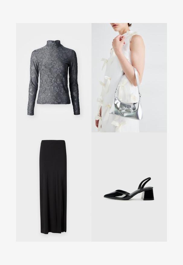 Gray sheer turtleneck top with long sleeves featuring a floral textured pattern, finished with a high collar and smooth fabric.; Black maxi skirt made of soft, stretchy material. Features a side slit and a simple, streamlined design with no embellishments.; Black patent leather slingback heels with a pointed toe and a geometric block heel. Features a sleek, minimal design and smooth texture.; Silver metallic handbag with a structured shape, featuring a top handle and bow detail on the front. Smooth texture, reflective finish.
