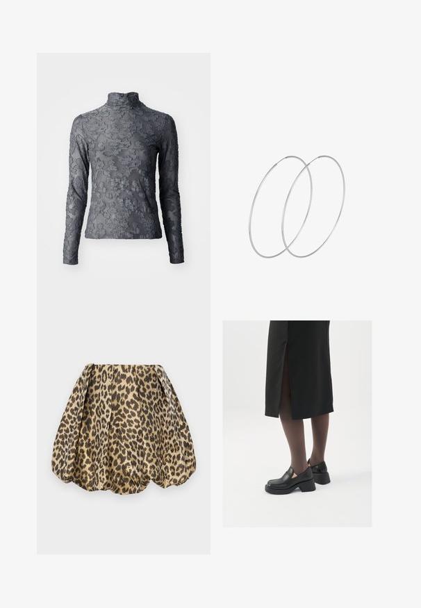 Hallide, pika varrukatega hall siidipealne turtleneck-särk, millel on lilleline tekstuurmuster, viimistletud kõrge kraega ja sileda kangaga.; Sister Jane LOLA SKIRT - A-lõikeline seelik - tan; Mustad mustad jalatsid ümmarguse varbaga, paksu plokkniidi ja elastsete külgdetailidega, kombineeritud tumedate sukkade ja musta lõhikuga seelikuga.; Hõbedased rõngastikkaehingad minimalistlikus disainis. Ümar kuju, sile tekstuur ja õhuke profiil. Kerged ning poleeritud viimistlusega.