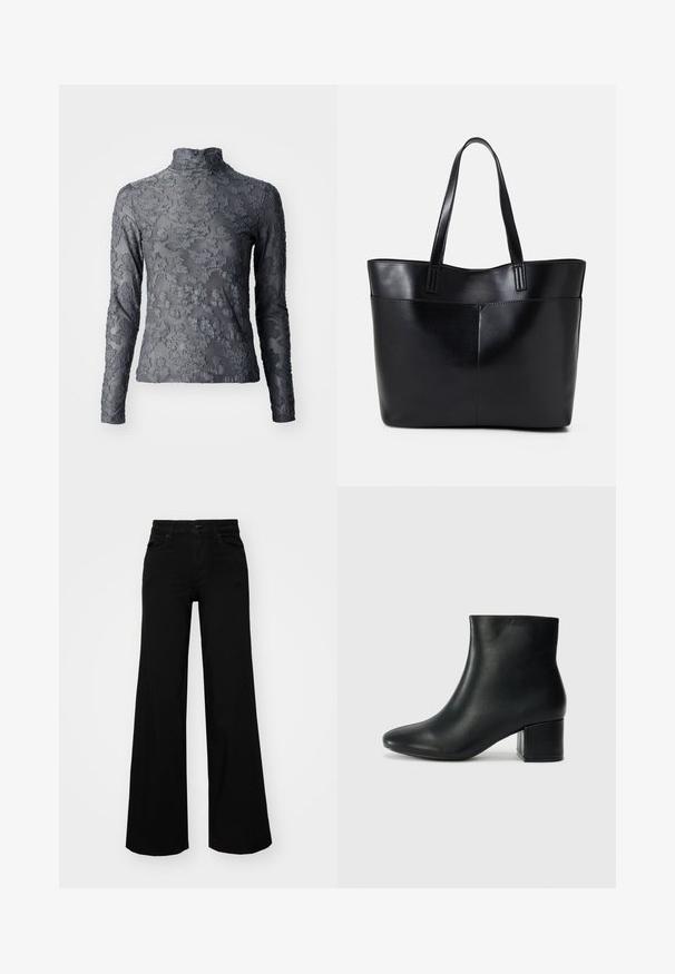 Harmaa läpikuultava poolikauluksinen paita, jossa on pitkät hihat ja kukkakuosiset tekstuurit, viimeistelty korkealla kauluksella ja sileällä kankaalla.; Musta leveälahkeinen farkkupanta, jossa on rakenteellinen vyötärö, vyölenkit ja etutaskut. Sujuva rakenne klassisella muotoilulla.; Musta nahkasaappaat nilkkapituudella, jossa on terävä kärki ja paksu korko. Silkkinen pinta, jossa on minimaaliset yksityiskohdat ja tyylikäs, istuva muotoilu.; Musta nahkainen kassi, jossa on kaksi pitkää kahvaa, sileä pinta ja jämäkkä muoto. Sisältää etutaskun lisävarastointia varten.