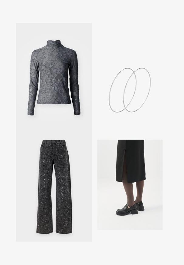 Pelēks plāns turtlenecks ar garām piedurknēm, kas rakstīts ar ziedu tekstūru, pabeigts ar augstu apkakli un gludu audumu.; Noisy May NMJANNEL LOOSE - Brīva piegriezuma džinsi - black denim; Melni ādas apavi ar noapaļotu purngalu, biezām bloku papēžiem un elastīgiem sānu akcentiem, apvienoti ar tumšām zeķubiksēm un melnu svārku ar šķirbu.; Sudraba gredzenveida auskari ar minimālistisku dizainu. Cirkulāra forma, gluda tekstūra un plāns profils. Vieglu svaru ar spīdīgu apdari.