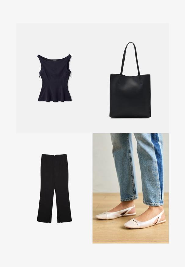 Top senza maniche blu navy con scollatura ampia, orlo svasato e due tasche con zip sui lati. Realizzato in un tessuto liscio e elasticizzato.; Pantaloni neri a gamba dritta, con tasche frontali e spacchi laterali all'orlo. Realizzati in tessuto morbido e liscio. Adatti a diverse occasioni.; Ballerine slingback rosa pallido con punta affusolata, realizzate in un materiale simile alla pelle liscio. Presentano dettagli a taglio sui lati e un tacco piatto.; Borsa tote in pelle nera con texture liscia, forma rettangolare e due manici lunghi. Nessun hardware o decorazione visibile.