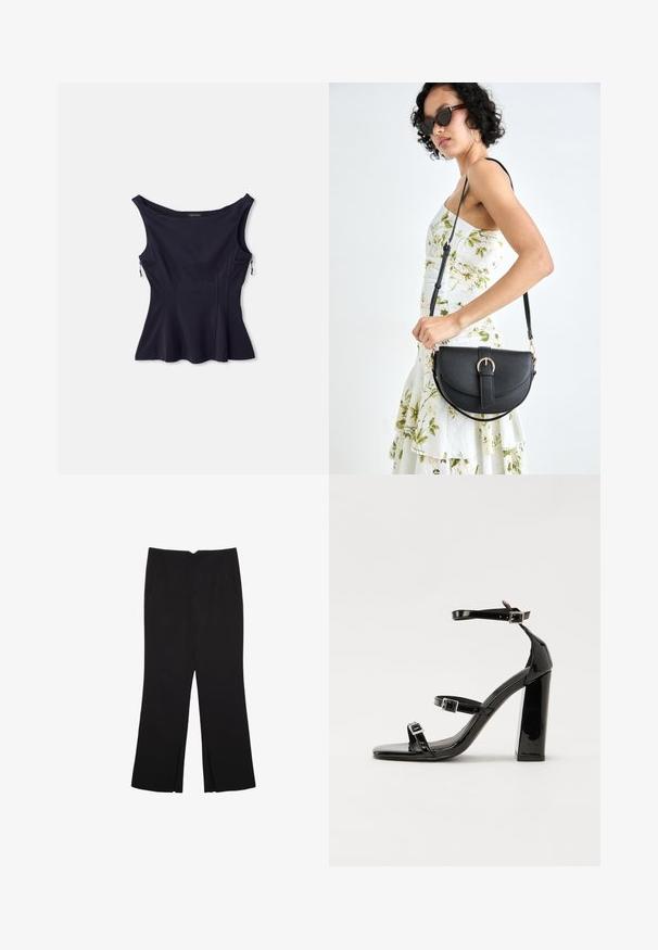 Laine sininen hihaton toppi, jossa on leveä kaula-aukko, levenevä helma ja kaksi vetoketjullista taskua sivuilla. Valmistettu sileästä, joustavasta kankaasta.; Mustat housut suoralinjaisella leikkauksella, joissa on etutaskut ja sivurei'ät helman alla. Valmistettu pehmeästä ja sileästä kankaasta. Sopii eri tilaisuuksiin.; Musta kiiltävä korkokenkä sandaalit neliönmuotoisella varpaalla, nilkkaremmillä ja hopeisilla soljilla. Varustettu tukevalla lohkokorkealla vakauden takaamiseksi.; Musta nahkainen käsilaukku, joka on kaareva muotoilultaan, irrotettavalla hihnalla ja kultaisilla yksityiskohdilla. Laukussa on läppä, jossa on solk yksityiskohta.