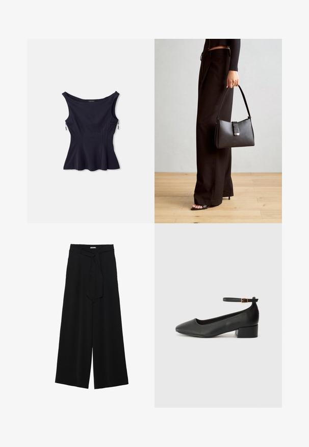 Granatowy top bez rękawów o szerokim dekolcie, z rozkloszowanym dołem i dwiema kieszeniami zapinanymi na zamek po bokach. Wykonany z gładkiego, elastycznego materiału.; Czarne spodnie szerokie z teksturowanej tkaniny, z elastycznym paskiem w talii i odpinanym paskiem w talii dla regulowanego dopasowania.; Czarne skórzane szpilki z ostrym noskiem i niskim słupkowym obcasem. Wyposażone w pasek na kostkę z złotym zapięciem. Gładka tekstura.; Czarna torebka o usztywnionym kształcie, gładkiej fakturze i metalowym zapięciem. Połączona z szerokimi czarnymi spodniami i sandałami na otwartym palcu na drewnianej podłodze.
