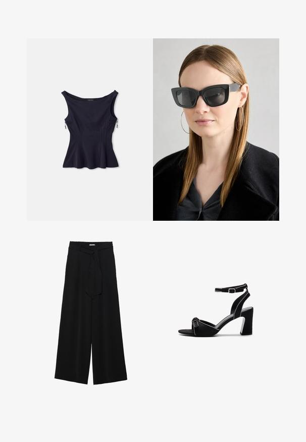 Top sem mangas azul-marinho com uma ampla gola, bainha descaída e dois bolsos com fecho éclair nas laterais. Feito de um tecido liso e elástico.; Calças largas pretas com um tecido texturizado, uma cintura elástica e um laço destacável na cintura para um ajuste ajustável.; Sandálias de salto alto em camurça preta com um salto bloco largo, tira de tornozelo ajustável, design de ponta aberta e detalhes de costura em contraste.; Óculos de sol pretos em formato de gato com lentes escuras, armações grossas e acentos subtis. Usados com um casaco preto e uma blusa cinza, apresentando cabelo longo e liso.