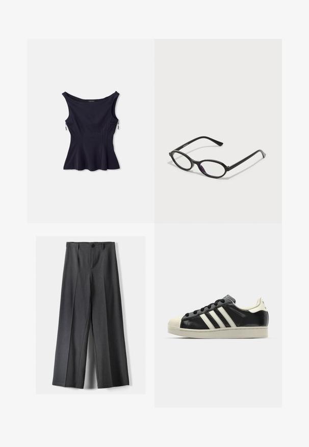 Navy blue sleeveless top with a wide neckline, flared hem, and two zippered pockets on the sides. Made from a smooth, stretchy fabric.; Wide-leg trousers in dark grey fabric, featuring a button closure, front pleats, and belt loops. Smooth texture with a tailored design.; Black leather sneaker with white stripes, rubber toe cap, black laces, and a cream-colored outsole. Smooth texture with shiny finish.; Black oval-frame glasses with translucent purple accents on the lenses. Frames have a matte finish and slender, straight temples.