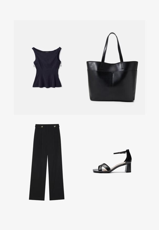 Marineblaue ärmellose Bluse mit weitem Ausschnitt, ausgestelltem Saum und zwei Reißverschlusstaschen an den Seiten. Hergestellt aus einem glatten, dehnbaren Stoff.; Schwarze weite Hosen mit hoher Taille, Knopfdetails am Bund und vorderen Falten.; Schwarze offene Sandale mit Absatz, gekreuzten Riemen, verstellbarem Knöchelriemen und einem klobigen Absatz, ausgestattet mit einer glatten Ledertextur.; Schwarze Leder-Shopper-Tasche mit zwei langen Griffen, einer glatten Textur und einer strukturierten Form. Verfügt über eine Vordertasche für zusätzlichen Stauraum.
