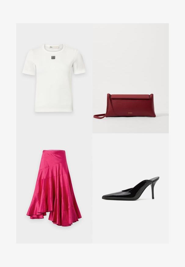 Camiseta blanca de manga corta con textura acanalada que presenta un acento de logo negro cuadrado en el pecho; cuello redondo, forma ajustada y textura suave.; Falda de satén magenta con dobladillo acampanado, que presenta paneles en capas y un diseño asimétrico. Textura suave y corte a media longitud.; Mule de charol negro con tacón alto, punta afilada y una silueta elegante, con un escote abierto en la parte posterior y un tacón de aguja delgado.; Bolso de mano de cuero rojo con un acabado texturizado, que presenta una parte superior plana y un asa corta. Sutil logo de la marca en la parte frontal.