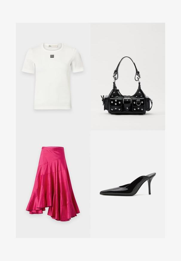 Witte gestreepte T-shirt met korte mouwen, voorzien van een vierkant zwart logo op de borst; ronde halslijn, aansluitende pasvorm en zachte textuur.; Magenta satijnen rok met een uitlopende zoom, voorzien van gelaagde panelen en een asymmetrisch ontwerp. Gladde textuur en halflange snit.; Zwarte gepatineerde leren hoge hak muiltjes met een spitse neus en een slanke silhouet, met een open achterkant en een slanke stilettohak.; Zwarte lederen handtas met een gebogen ontwerp, voorzien van zilveren studs, een gesp en twee zijvakken. Verstelbare schouderband voor verschillende draagmogelijkheden.