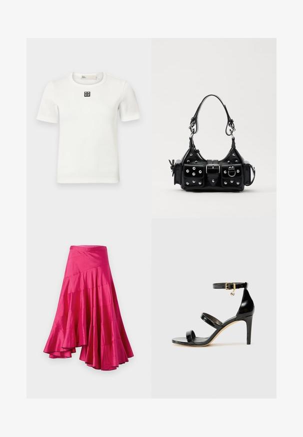 Valge ribaga lühikeste varrukatega T-särk, millel on rinnal ruudukujuline must logo; ümmargune kaelus, sobiv mudel ja pehme tekstuur.; Magenta säärisatiin seelik flared hemiga, millel on kihilised paneelid ja asümmeetriline disain. Sile tekstuur ja keskmise pikkusega lõige.; Must musta nahk sandaal kolme rihmaga, pahkluu vööga ja 4-tollise stilettakontsaga. Omab kuldset detaili ja logovõtit.; Must värvi nahast käekott, millel on kaarjas disain, hõbedased nupukesed, kinnitusahe ja kaks külgtaskut. Reguleeritav rihm erinevate kandmisvõimaluste jaoks.