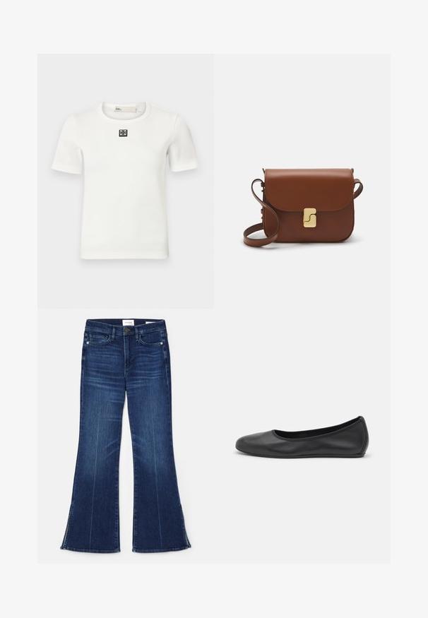 White ribbed short-sleeve T-shirt featuring a square black logo accent on the chest; round neckline, fitted shape, and soft texture.; Dark blue flared jeans made from denim. Features a high waist, front pockets, and slit details at the hem. Classic five-pocket design.; Black leather ballet flat with a rounded toe, smooth texture, minimal stitching detail, and a flexible sole design.; Brown leather handbag with a flap closure, gold-tone hardware, a shoulder strap, and a smooth texture. Compact rectangular shape.