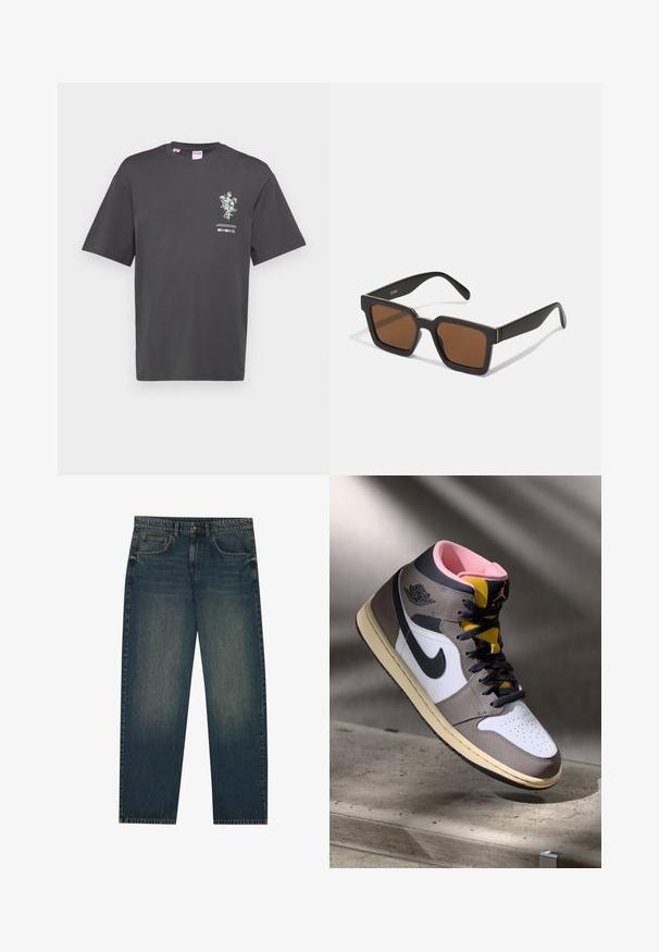 Tamsiai pilka medvilninė marškinėliai su trumpomis rankovėmis, su gėlių grafiniu spaudiniu ir tekstu priekyje. Apskritas iškirpimas, laisvas siluetas.; Tamsiai mėlyni džinsai su tiesiu kirpimu, penkių kišenių dizainu ir šiek tiek nudilusiomis kojomis. Tinka kasdieniam dėvėjimui.; Balti Nike Air Jordan aukšti sportbačiai balta, pilka ir juoda spalva su rožine vidine dalimi ir geltonu liežuvėliu, padėti ant betono paviršiaus.; Juodos kvadratinės saulės akinius su rudais stiklai, turintys matinį paviršių ir auksinius akcentus ant rėmelio. Dizainas yra kampuotas su plačiomis rankenomis.; Casio stačiakampis laikrodis su baltu ciferblatu, auksiniais akcentais, romėniškais skaičiais ir rudą krokodilo odos rašto dirželiu. Atsparus vandeniui.
