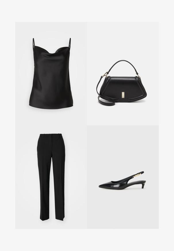Svart satin camisole med dyp utringning, tynne stropper og en glatt, blank tekstur. Enkel, klassisk design uten utsmykninger.; Sorte skreddersydde bukser med rett silhuett, med en glatt tekstur og klare pressede bretter foran. Ingen synlig maskinvare.; Sorte lærreim hæler med spiss tå, som har en slank hæl og en gullfarget detalj på den justerbare stroppen. Glatt tekstur.; Sort lærveske med en strukturert design, som har en avkortet form, topphåndtak og detaljer i gull. Justerbar skulderstropp inkludert.