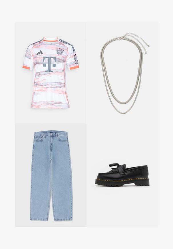 Camiseta de fútbol blanca de manga corta con patrones abstractos en rosa y gris, con un cuello redondo, logo de Adidas y escudo del Bayern de Múnich.; Jean de mezclilla azul claro con diseño de pierna recta, con una cintura de altura media, cinco bolsillos y un cierre de botón y cremallera.; Mocasín de cuero negro con un acento de borlas, que presenta una suela gruesa negra y costuras amarillas a lo largo del borde. Acabado texturizado.; Collar de metal plateado de tres capas que presenta cadenas flexibles y elegantes con un ligero brillo, asegurado con un cierre de langosta y cadena ajustable.