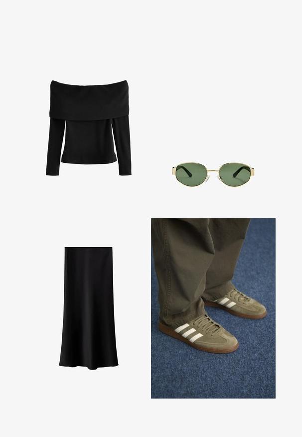 Svart, ribbad topp med avskuren axel och långa ärmar, med en vid hals och strukturerat mönster över hela tyget.; Svart midikjol i mjukt och lätt tyg. Har rak skärning, ingen synlig hårdvara och en enkel design utan mönster.; Gröna mockaskor med tre vita ränder, brun gummisula och texturerade snörningar, kombinerade med olivgröna byxor på en blå matta.; Guldmetallramade solglasögon med gröna tonade linser, oval form, svarta skalmar och klara näsaskar. Rent, minimalistiskt design.