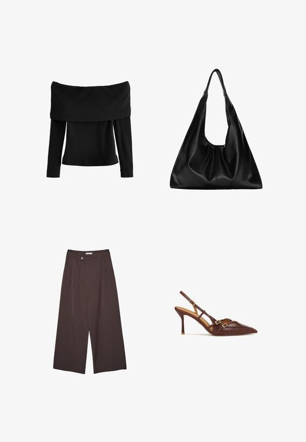 Black ribbed off-the-shoulder top with long sleeves, featuring a wide neck and textured pattern throughout the fabric.; Wide-leg brown pinstripe trousers with a buttoned waistband and belt loops, displayed flat on a white background.; Brown leather slingback heels with pointed toe, thin stiletto heel, and gold hardware accents. Features crisscross straps across the foot.; Black leather hobo bag with a soft, curved shape. Features a wide top handle and gathers at the base for a slouchy texture.