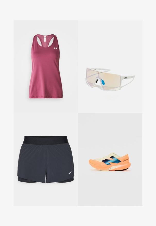Maroon athletic tank top with a mesh texture, racerback design, and a small white logo on the left chest. Smooth fabric, sleeveless cut.; Black athletic shorts with an elastic waistband, featuring a layered design and a small white Nike logo on the lower left. Lightweight material.; Running shoe with a lightweight cream upper, blue branding, and orange accents on the sole. Mesh texture for breathability.; White-framed sunglasses with large, gradient lenses featuring a pink to light orange tint, accentuated by a blue nose piece and logo detail.