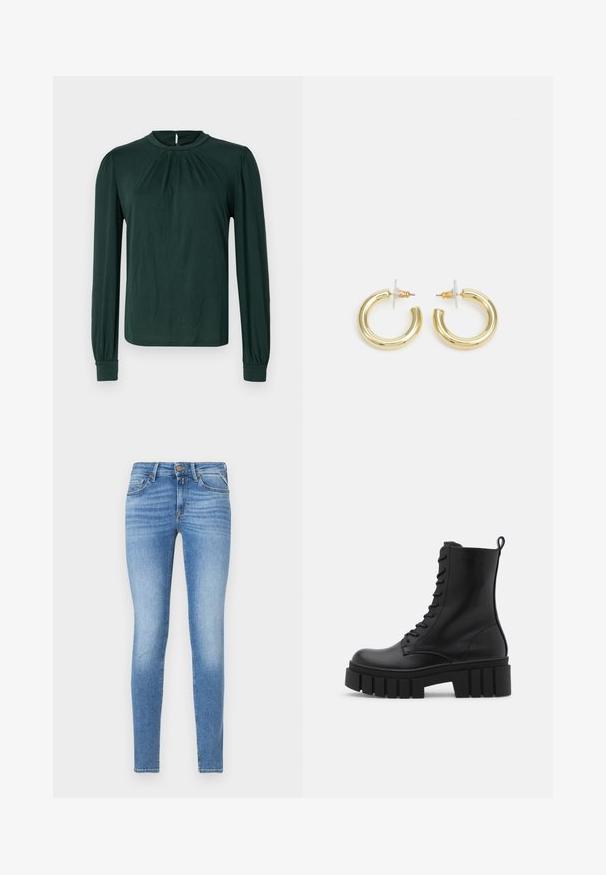 Bluză lungă cu mânecă lungă, de culoare verde închis, cu un guler înalt, față pliată și mansete căptușite. Fabricată dintr-un material neted și ușor.; Cămașă din catifea cord cu culoarea marină, cu închidere butonată, guler și mâneci trei sferturi. Prezintă un tiv de tip peplum, strâns și o textură moale.; Jeansi din denim de culoare albastră deschisă, cu croială slim-fit, talie medie, închidere cu nasture frontal și design cu cinci buzunare.; Botine negre din piele cu talpă masivă și zimțată, cu sistem de șireturi și cârlig pentru tragere, pe fundal alb. ; Cercei cercuri din aur cu un finisaj neted și strălucitor. Design circular cu un mic suport și un spate transparent pentru o purtare sigură.