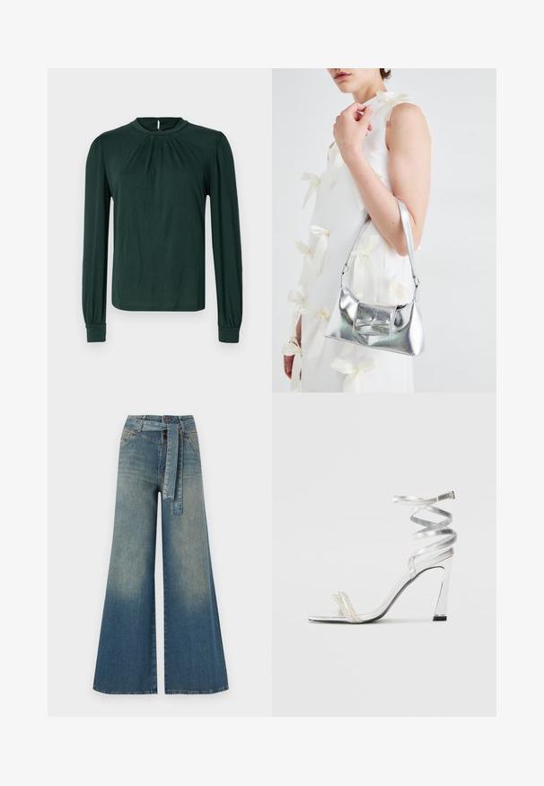 Dark green long-sleeve blouse with a high neckline, pleated front, and gathered cuffs. Made from smooth, lightweight fabric.; Wide-leg denim trousers featuring a light to dark blue gradient, high waist, belt loops, and a matching fabric belt. Textured denim finish.; Silver high-heeled sandal with a shiny strap design, featuring a pearl-like accent and a spiraled ankle strap for secure fit.; Silver metallic handbag with a structured shape, featuring a top handle and bow detail on the front. Smooth texture, reflective finish.