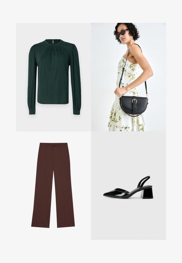 Blusa de manga longa verde-escura com gola alta, frente plissada e punhos franzidos. Feita de um tecido leve e suave.; Calças largas em tecido castanho escuro. Apresentam um fecho com botão, duas bolsos frontais, textura suave e linhas limpas.; Sandy em verniz preto com salto slingback, ponta afilada e salto geométrico. Apresenta um design elegante e minimalista com textura suave.; Bolsa de couro preta com forma curva, alça destacável e detalhes em dourado. A bolsa possui uma aba com detalhe de fivela.