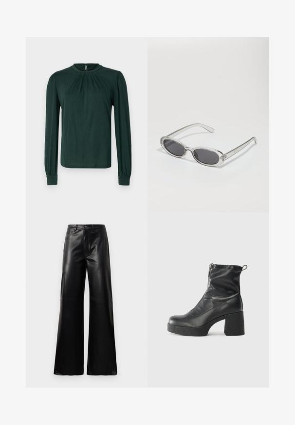 Tamnozelena bluzica dugih rukava s visokim izrezom, nabranim prednjim dijelom i skupljenim manšetama. Izrađena od glatkog, laganog materijala.; Crne visoke široke hlače od umjetne kože s prednjim gumbom, zatvaranjem na zip, petljama za pojas i bočnim džepovima na bijeloj pozadini.; Crne gležnjače od glatke kože, s bočnim zatvaračem, debelim teksturiranim potplatom i dizajnom s zaobljenim prstima.; Naočale u ovalnom obliku, okvir od prozirne plastike, tamno sivi leće i tanke prozirne ručke s logotipom i minimalnim detaljima.; Crna kožna torba s lukovitim oblikom, odvojivim remenom i zlatnim detaljima. Torba ima preklop s kopčom.