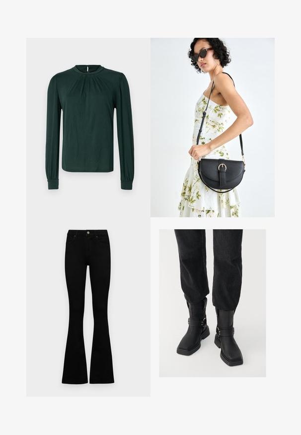 Tmavo zelená blúzka s dlhým rukávom a vysokým golierom, s prehnutým predným dielom a zhrnutými manžetami. Vyrobená z hladkej, ľahkej látky.; Čierne vysoké nohavice s gombíkom a zipsom, predné vrecká a rozšírené nohavice položené na bielom pozadí.; Čierne kožené členkové topánky so štvorcovou špičkou, s širokým remienkom a kovovou sponou. Topánky majú hrubú podrážku a hladký povrch.; Čierna kožená kabelka s zaobleným tvarom, odnímateľným popruhom a zlatými doplnkami. Kabelka má klopu s detailom s prackou.; Zlaté kruhové náušnice, štyri kusy, hladký povrch, zaoblený dizajn, rôzne veľkosti, s pántovým uzáverom pre jednoduché nosenie.