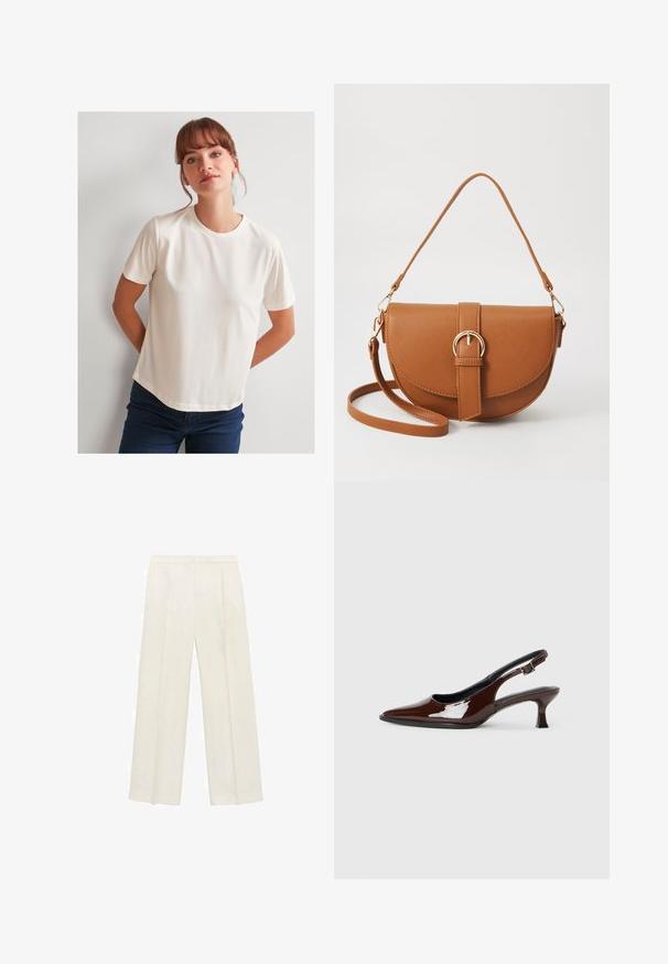 Jimmy Key T-shirt basic; Spodnie o szerokich nogawkach w jasnym kolorze kremowym. Wykonane z gładkiego materiału, z plisami z przodu i bocznymi kieszeniami.; Brązowe lakierowane skórzane buty na obcasie typu slingback z ostrym noskiem i umiarkowanym obcasem. Posiadają pasek z klamrą dla zapewnienia stabilnego dopasowania. Gładka tekstura.; Brązowa skórzana torba na ramię o zaokrąglonym kształcie, ze złotymi akcentami i zapięciem w formie klamry. Posiada odpinany pasek na ramię.