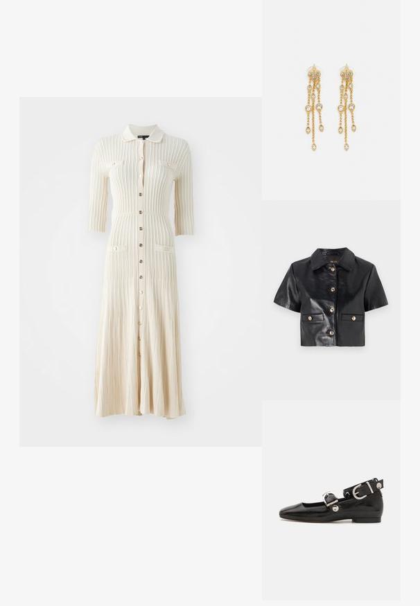 Jachetă din piele neagră, scurtă, cu mâneci scurte, butoane aurii și două buzunare în față. Textură netedă și design clasic al gulerului.; Maje RULEXY - Rochie maxi - beige; Pantofii plano din piele patent neagră, cu vârful pătrat, curea de gleznă cu accesorii din argint și talpă plată. Textură netedă cu un design minimalist.; Maje MISS MINI - Geantă crossbody - noir; Cercei aurii cu multiple lanțuri suspendate, având accente din rhinestone ovale clare și capete decorative cu tighel.