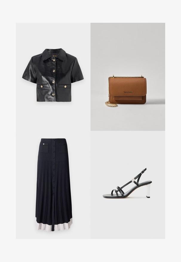 Fekete bőr rövidített dzseki rövid ujjakkal, arany gombokkal és két elülső zsebbel. Simára csiszolt felület és klasszikus galléros dizájn.; Sötét tengerészkék, plissé maxi szoknya gombos záródással. Két elülső zsebbel rendelkezik, és világos szegéllyel van ellátva. Puha, texturált anyagból készült.; Fekete magassarkú szandál, több keskeny pánttal, slingback fazonnal és ezüst szegéllyel a sarkon. Simább anyagú felsőrész és négyzet alakú sarok.; Barna textúrájú bőr keresztbody táska arany lánc pánttal és fedélzárral. Az elején logó részlet és egy zseb található a fedél alatt.