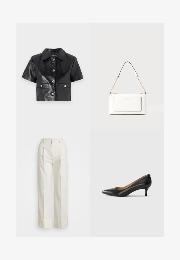 Schwarze Lederjacke im Cropped-Stil mit kurzen Ärmeln, goldenen Knöpfen und zwei Vordertaschen. Glatte Textur und klassisches Kragen-Design.; Weiße maßgeschneiderte Hose mit hoher Taille, doppelten Vorderfalten und weiten Beinen mit umgeschlagenen Säumen. Hergestellt aus einem glatten, strukturierten Stoff.; Schwarzer Lederpumps mit spitzem Zehenbereich, niedrigem Absatz und glatter Textur. Verfügt über eine leichte Öffnung an der Vorderseite und minimale Beschläge an der Rückseite.; Weißes Lederhandtasche mit strukturierter Oberfläche, ausgestattet mit einem goldenen Kettenriemen und schwarzen Akzenten. Enthält eine Fronttasche und einen Reißverschluss.