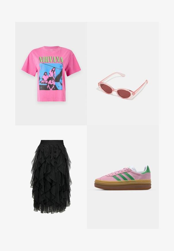 Rozā kokvilnas T-krekls ar zilu grafisko printu, kurā attēloti trīs cilvēki, ar vārdu "NIRVANA" bolder zaļiem burtiem virs.; Melnā midi svārki, izgatavoti no slāņota tilla ar rumbu dizainu. Iekļauj elastīgu jostu. Caurspīdīgs audums pievieno tekstūru un kustību.; Rozā zamša kedas ar zaļām svītrām, baltām akcentiem un brūnu gumijas zoli. Izstrādātas ar teksturētu audumu un logotipa detaļām sānos.; Rozā caurspīdīgas saulesbrilles ar ovālām lēcām, tumši sarkanu toni un slaidiem kātiem, ar gludu apdari un smalkiem dekoratīviem elementiem uz rāmja.