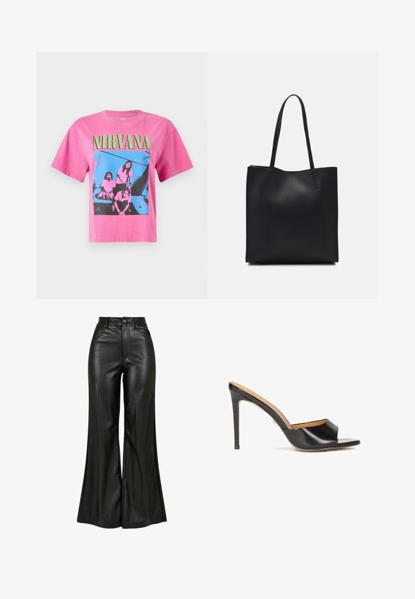 Vaaleanpunainen puuvillapaita, jossa on sininen graafinen printti kolmesta henkilöstä ja sanalla "NIRVANA" rohkeilla vihreillä kirjaimilla ylempänä.; Mustat nahkaiset leveälahkeiset housut, joissa on sileä pinta, korkea vyötärö, nappikiinnitys ja etutaskut. Leveälahkeinen muotoilu ja kiiltävä viimeistely.; Musta avotossut korkokengät, joissa on kiiltävän nahkabetoni viimeistely, kaventuva lohkare korko ja sileä kaareva hihna jalkapöydän yli.; Mustapahkainen kangaskassi, jossa on sileä pinta, suorakaiteen muotoinen ja kaksi pitkää kahvaa. Ei näkyvää metalliosaa tai koristeita.