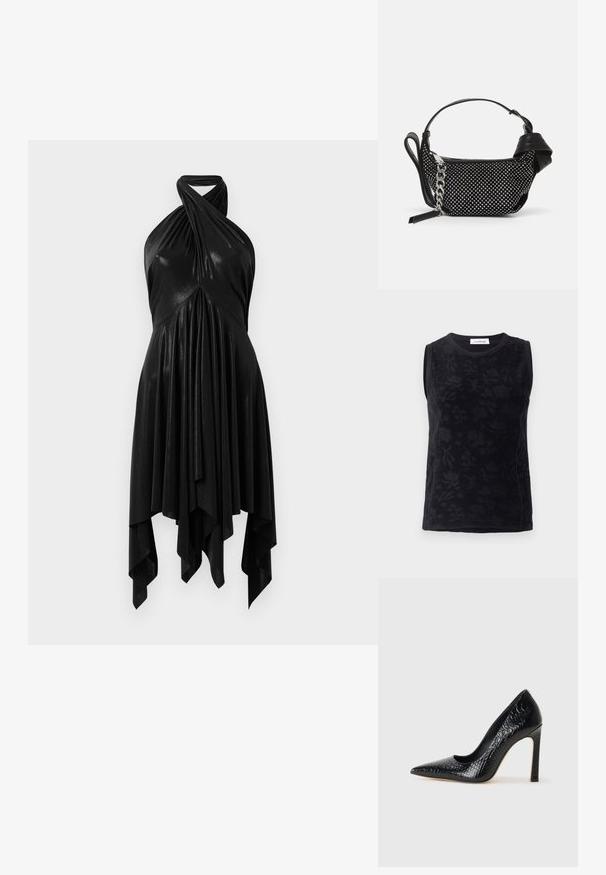 Top negru fără mâneci cu textură florală, realizat dintr-un material moale, având un gât rotund și variații tonale subtile în design.; Rochie neagră cu bretele halter, având un design drapat. Confecționată dintr-un material lucios, cu un guler răsucit și un tiv asimetric. Textură netedă.; Pantofii cu toc înalt, ascuțiți, de culoare neagră, cu textură de piele de crocodil, având un design elegant, toc în stil stiletto și interior neted de culoare neagră.; Geantă neagră cu embellishments cu ținte, curea din lanț și mânere din piele netedă, având o formă rotundă și un compartiment cu fermoar.