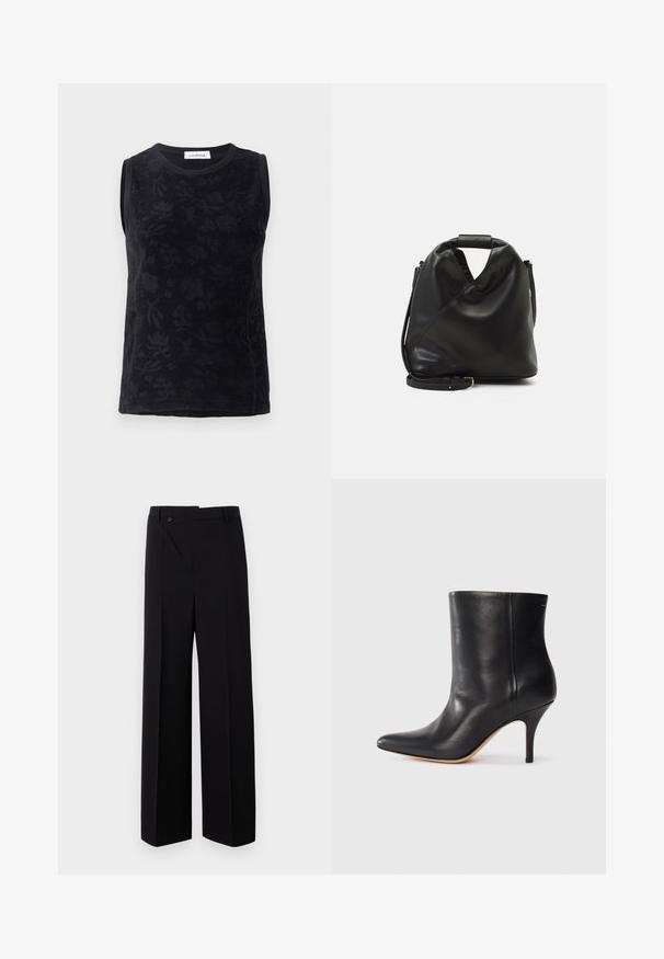 Sort ærmeløs top med blomstermønster, lavet af blødt stof, med rund hals og subtile tonale variationer i designet.; Sorte brede bukser med flad front, knaplukning og glat stoftekstur. Har en lige pasform og skarpe linjer.; Sort læder ankelstøvle med spids tå, slank stiletthæl og glat tekstur. Minimalistisk design uden synligt hardware eller accenter.; Sort, blødt lædertaske med et unikt snoet design. Har et kort håndtag og en aftagelig skulderrem. Minimalistisk stil.