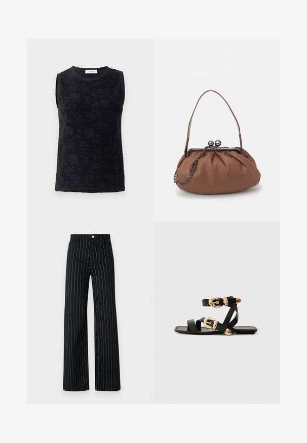 Czarny top bez rękawów z kwiecistą strukturą, wykonany z miękkiego materiału, z okrągłym dekoltem i subtelnymi tonalnymi wariacjami w designie.; Czarne spodnie z szerokimi nogawkami i pionowymi niebieskimi prążkami, z klasycznym pięcioma kieszeniami i zapięciem na guzik z przodu.; Czarne skórzane sandały z złotymi klamrami, z wieloma paskami i płaską podeszwą, idealne do noszenia na gołe palce.; Brązowa skórzana torebka na ramię z marszczonym wzorem, krótkim skórzanym uchwytem i łańcuszkowym paskiem. Posiada srebrny metalowy zamek z dwoma okrągłymi akcentami.