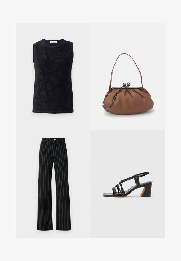 Fekete ujjatlan blúz virágmintával, puha anyagból, kerek nyakkal, és finom tónusváltozásokkal a dizájnban.; Fekete, széles szárú nadrág, függőleges kék csíkozással, klasszikus öt zsebes kialakítással és elöl gombos záródással.; Paul Smith AMIRA - Klasszikus sarkú cipők - black; Barna bőr kézitáska, ráncolt dizájnnal, rövid bőr fogantyúval és lánc pánttal. Ezüst fém zárja két kerek díszítéssel rendelkezik.
