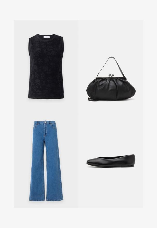 Crna majica bez rukava s cvjetnim uzorkom, napravljena od mekog materijala, s okruglim izrezom i suptilnim toniranim varijacijama u dizajnu.; Široke plave traperice s visokim strukom, prednjim džepovima i kopčanjem na dugme. Tkanina ima glatku teksturu i klasičan uzorak šivanja.; Paul Smith TOPANGA - Balerinke - black; Crna kožna torba s zaobljenim, naboranim dizajnom. Ima metalnu kopču s dva ukrasna gumba i tanki, odvojivi remen.