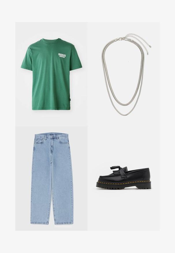 Zeleni bombažni T-shirt z okroglim izrezom, kratkimi rokavi in belim logotipom na levi strani prsnega koša. Gladka tekstura in sproščen kroj.; Svijetloplave traperice s ravnim nogavicama, srednjeg struka, pet džepova te zatvaranjem na gumb i munju.; Črne usnjene loafersice s kaširanim naglasom, z debelim črnim podplatom in rumenim šivom ob robu. Teksturirana površina.; Tri-slojni srebrni kovinski ogrlica z elegantnimi, fleksibilnimi verigami z rahlim leskom, varovana z zaponko s katero se zaključi in nastavljivo verigo.
