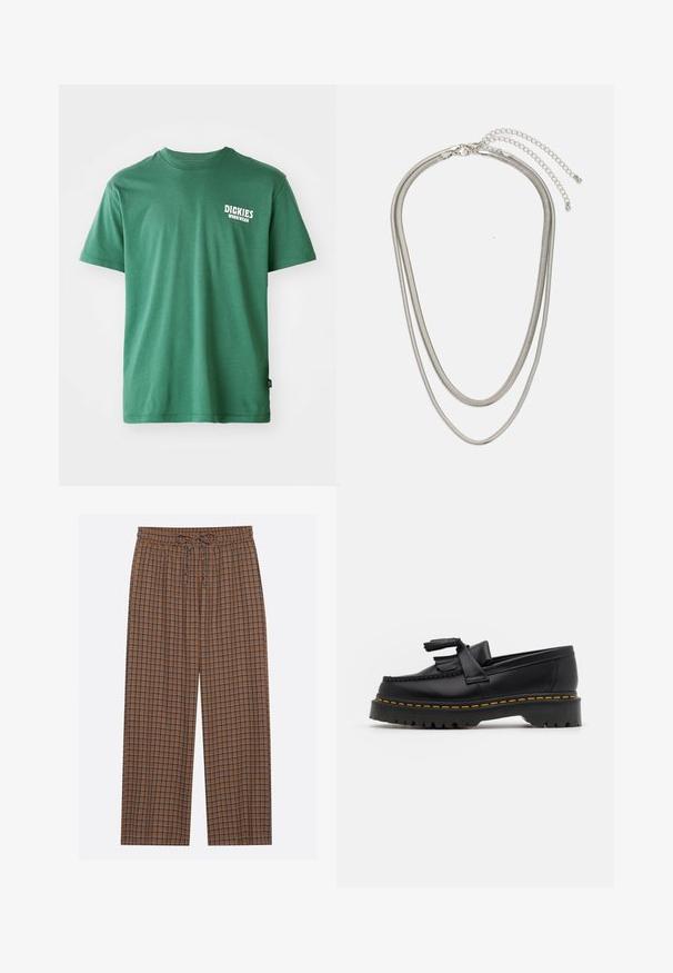 Vihreä puuvillapaita, jossa on pyöreä pääntie, lyhyet hihat ja valkoinen logo vasemmassa rinnassa. Sileä pinta ja rento istuvuus.; Ruskeat ruudulliset housut, joissa on joustava vyötärö ja nyöri. Kuosissa on sinisiä ja tummanruskeita neliöitä, kevyttä kangasta, leveä jalan muotoilu.; Musta nahkakengät, joissa on tupsuakkentti, paksu musta pohja ja keltainen ommel reunassa. Rakeinen pinta.; Kolmikerroksinen hopeametallinen kaulakoru, jossa on tyylikkäitä, joustavia ketjuja, joissa on hieno kiilto. Kaulakoru on kiinnitetty hummerilukolla ja siinä on säädettävä ketju.